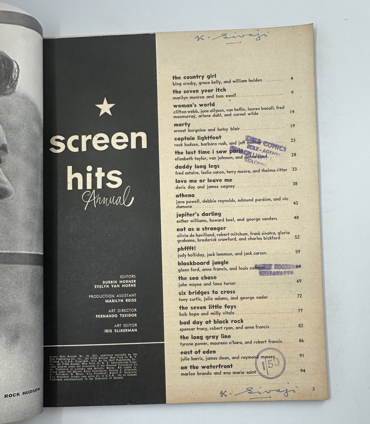 Inside page of Screen Hits Magazine Annual 1955 displaying the Table of Contents, listing prominent films such as 'The Country Girl', 'Marty', and 'Blackboard Jungle'.