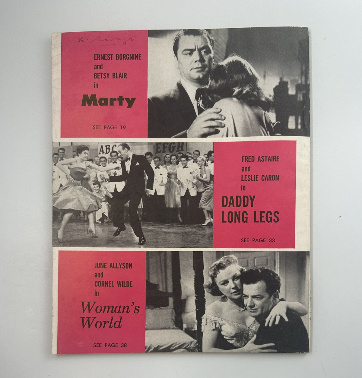 Cover of Screen Hits Magazine Annual 1955 showing movie titles such as 'Marty' featuring Ernest Borgnine and Betsy Blair, 'Daddy Long Legs' with Fred Astaire and Leslie Caron, and 'Woman's World' with June Allyson and Cornel Wilde.