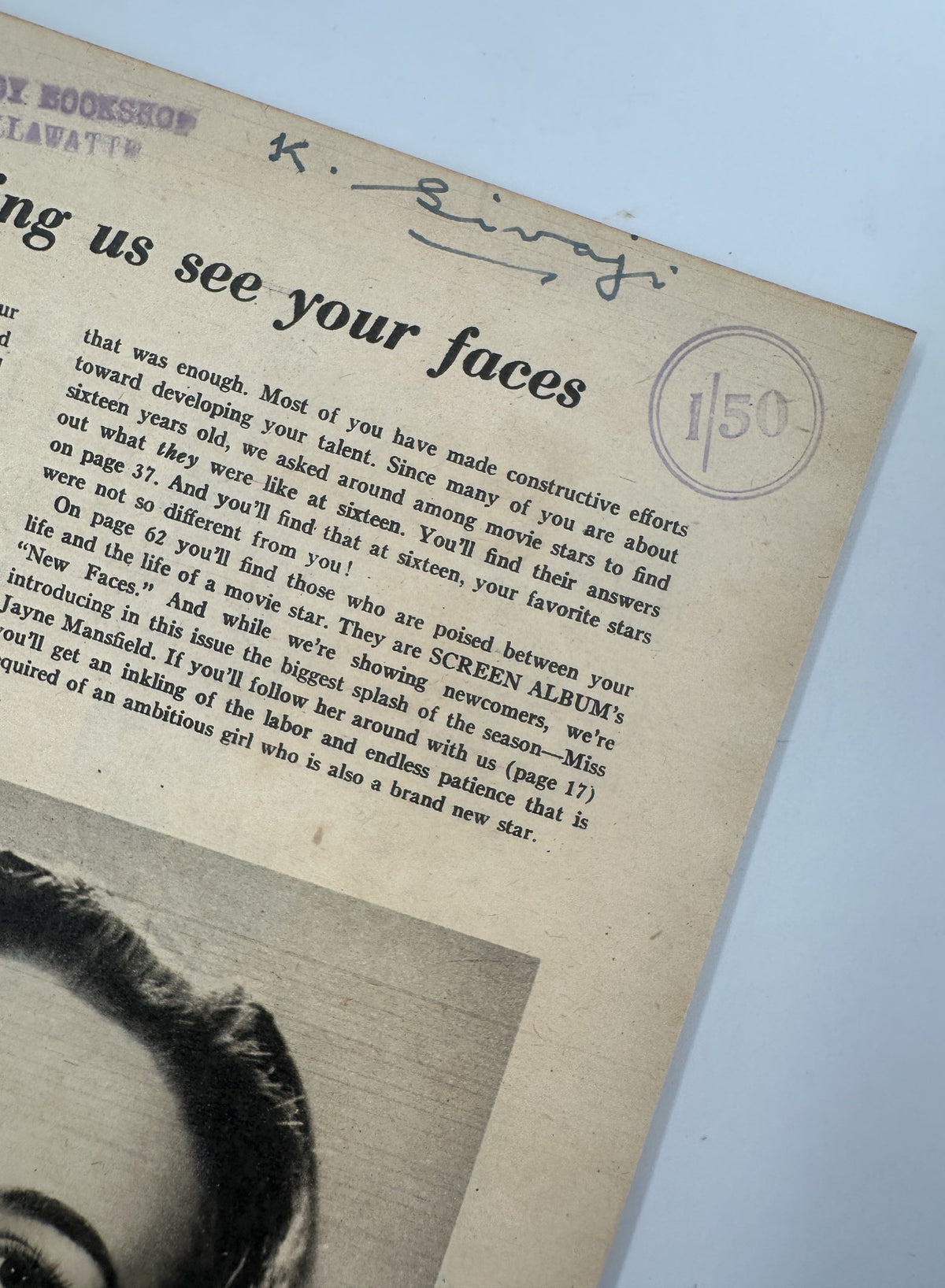 Interior page from Screen Album Magazine, February 1956, featuring an article detailing Jayne Mansfield's early life and ambitions, along with notable advice for aspiring actresses.
