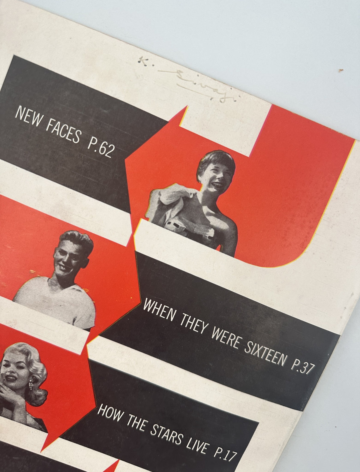 Cover page of Screen Album Magazine, February 1956, highlighting sections 'New Faces,' 'When They Were Sixteen,' and 'How the Stars Live' with bold graphic design.
