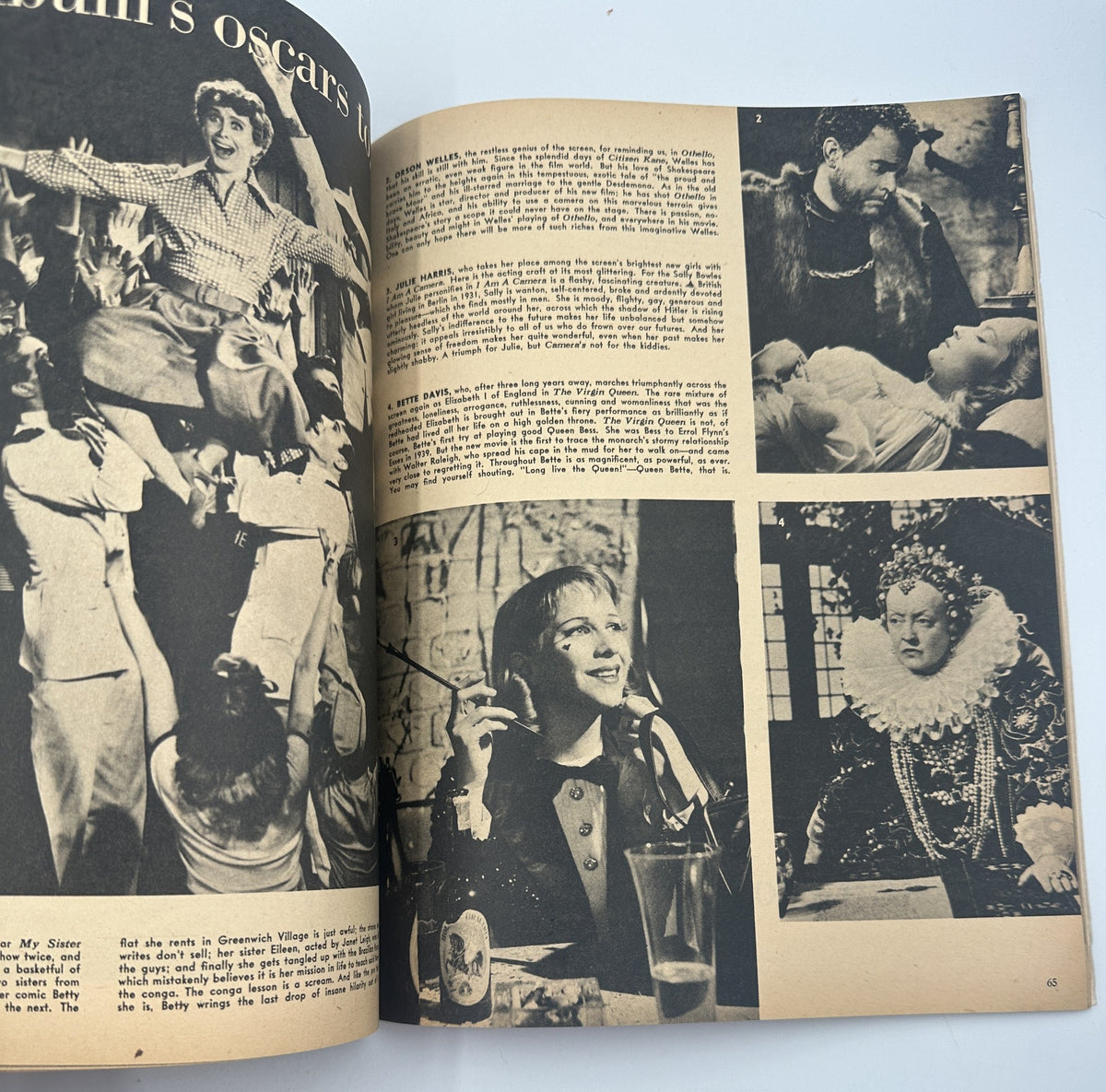 Page from Screen Album Magazine November 1955 featuring articles and images related to Oscars and celebrity portraits including humor and comedy themes.