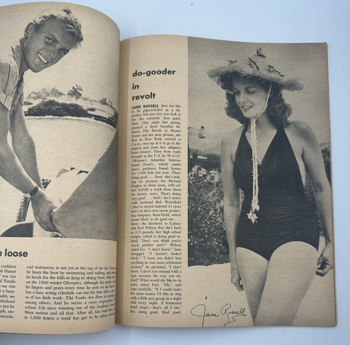 A vintage magazine page featuring Jane Russell in a swimsuit. The page includes an article titled 'Do-Gooder in Revolt'. This image is from the Screen Album Magazine August issue, which includes stars like Debbie Reynolds and Eddie Fisher.