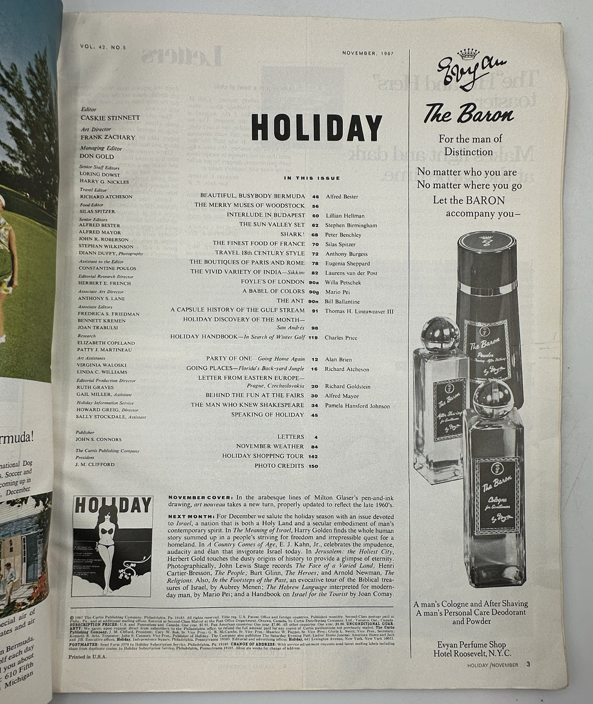 Interior page of Holiday Magazine November 1967 displaying the table of contents, listing articles including 'Beautiful, Busybody Bermuda' and 'The Finest Food of France'.