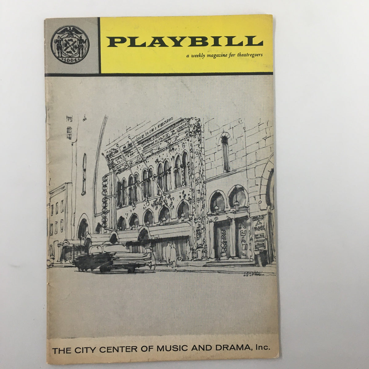 1962 Playbill for Fiorello! featuring an illustration of The City Center of Music and Drama, Inc.