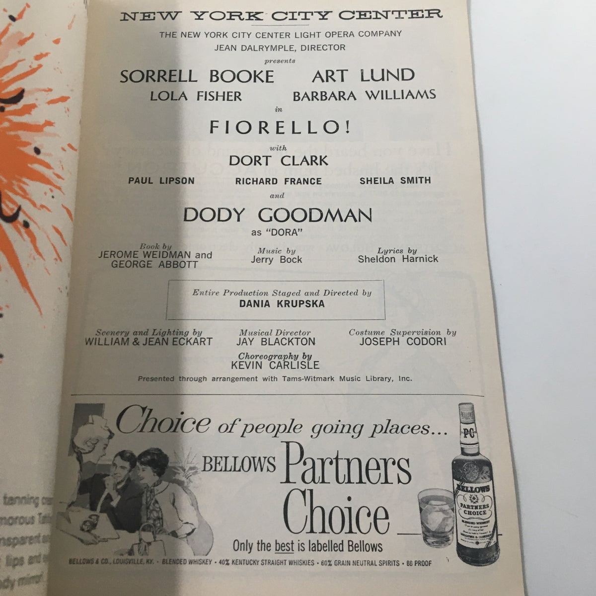 1962 Playbill for Fiorello! highlighting cast information, including Sorrell Booke and Art Lund at the New York City Center.