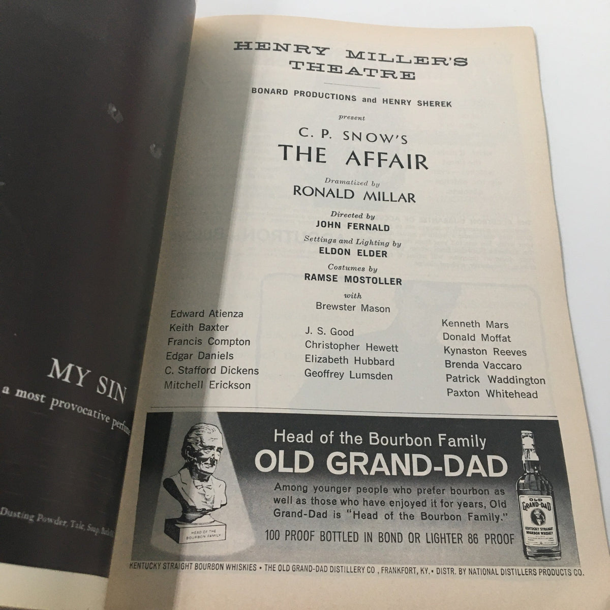 1962 Playbill for C.P. Snow's The Affair, featuring the cast and crew credits directed by John Fernald at Henry Miller's Theatre.