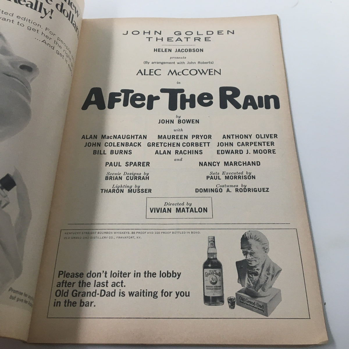 Credits page from the 1967 Playbill showcasing Alec McCowen's role in 'After The Rain' directed by Vivian Matalon.