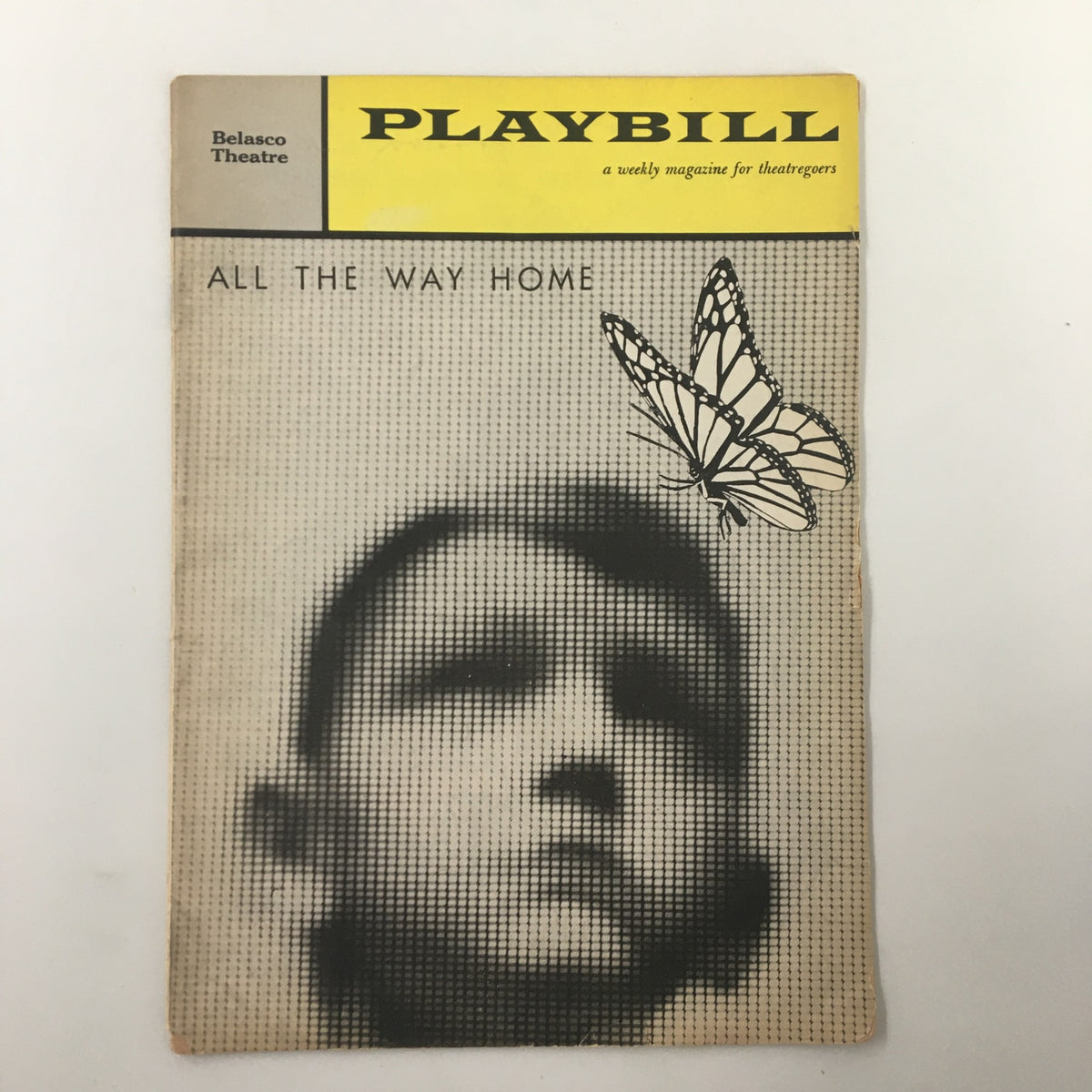 1961 Playbill from Belasco Theatre featuring 'All The Way Home' by Tad Mosel, showcasing a vintage design with a butterfly and an artistic depiction of a child's face.