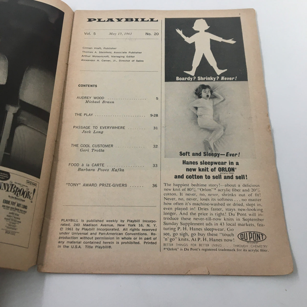 Inside page of the 1961 Playbill from Belasco Theatre illustrating the table of contents and publication details, related to the play 'All The Way Home'.