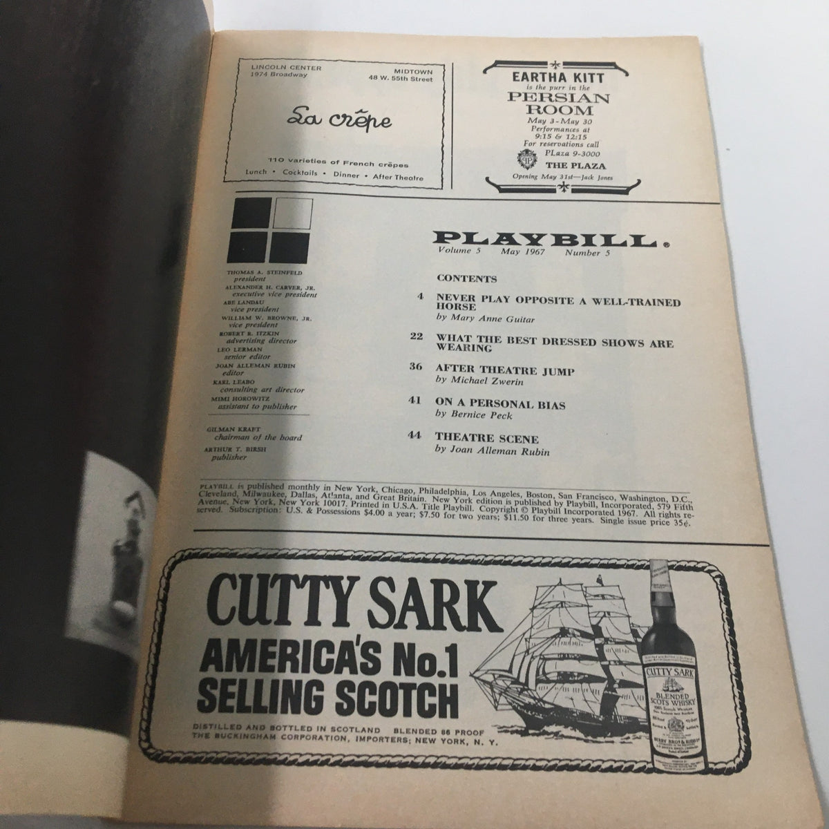 Inside view of the 1967 Playbill for 'The Apple Tree', showcasing the contents and advertisements. This page reflects the historical context of theater culture and entertainment during the era.