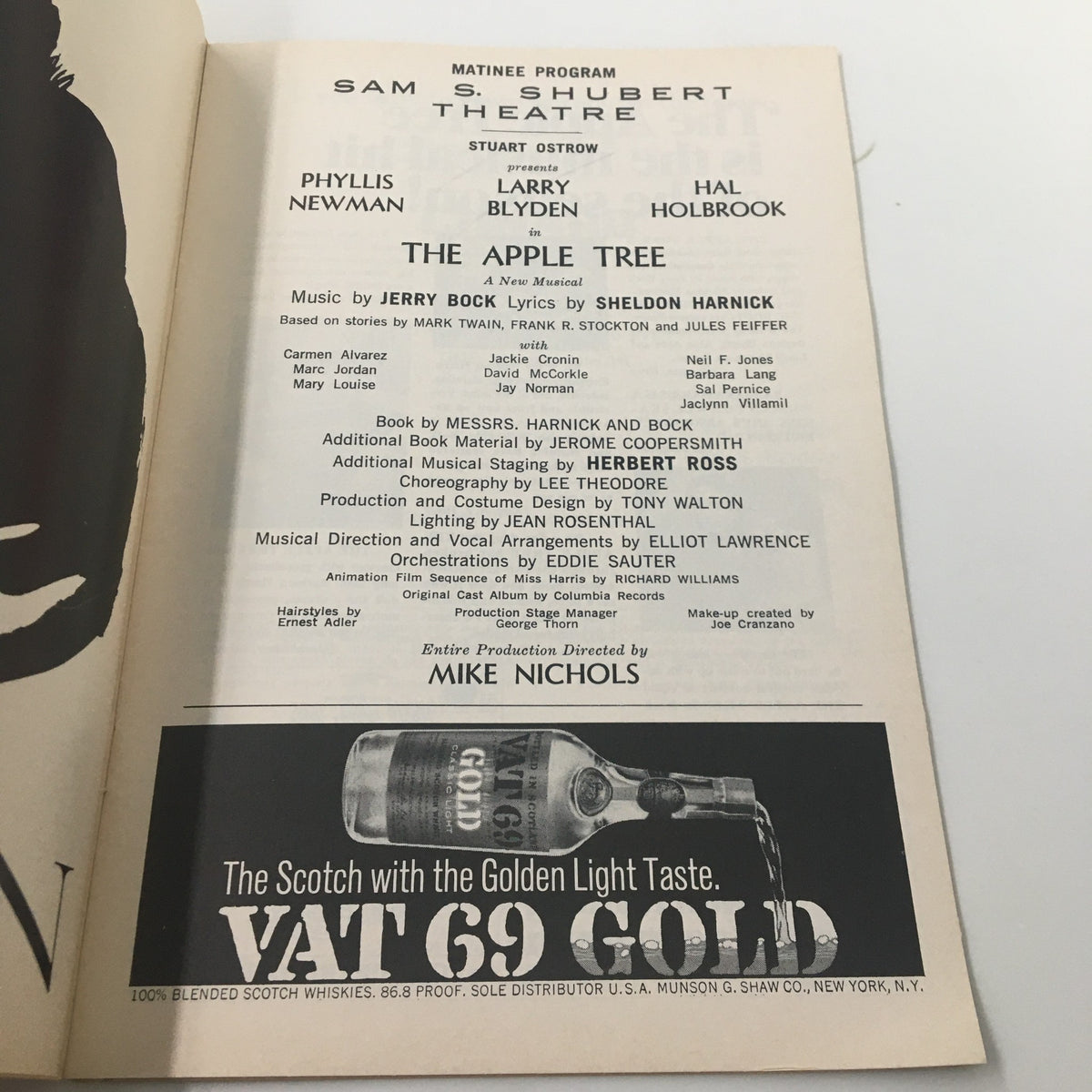 1967 Playbill for The Apple Tree featuring Phyllis Newman, Larry Blyden, and Hal Holbrook, from the Sam S. Shubert Theatre, showcasing vintage theatrical memorabilia.