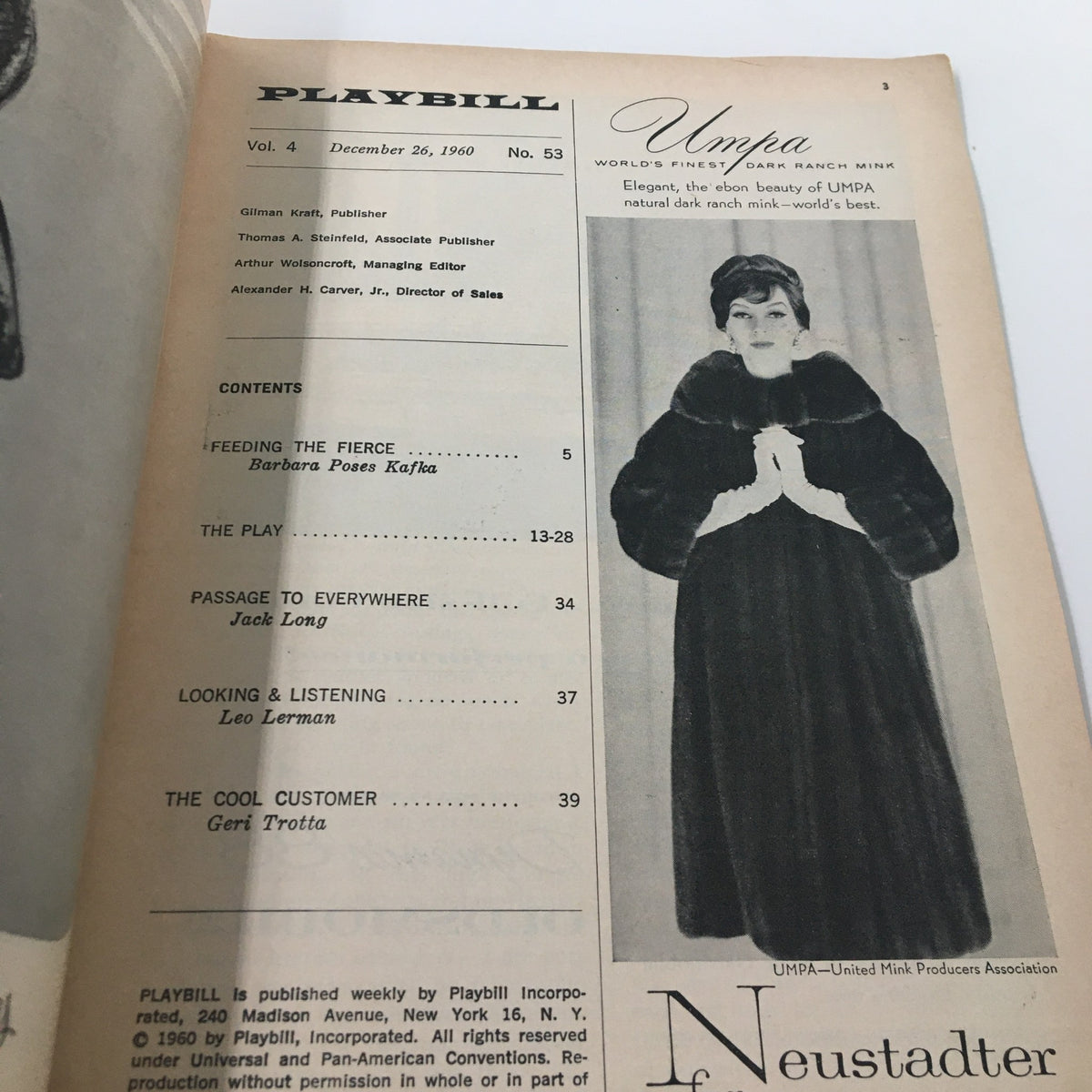 Inside page of the 1960 Playbill for Cort Theatre featuring a model in elegant attire, showcasing the Umpa production.