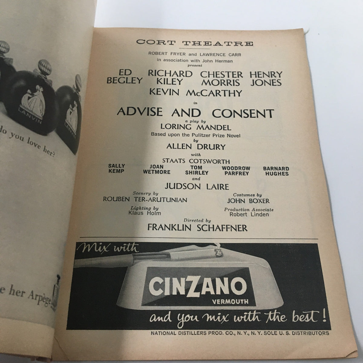 Inside page of the 1960 Playbill for Cort Theatre, displaying the cast list for Ed Begley and Richard Kiley's 'Advise and Consent.'