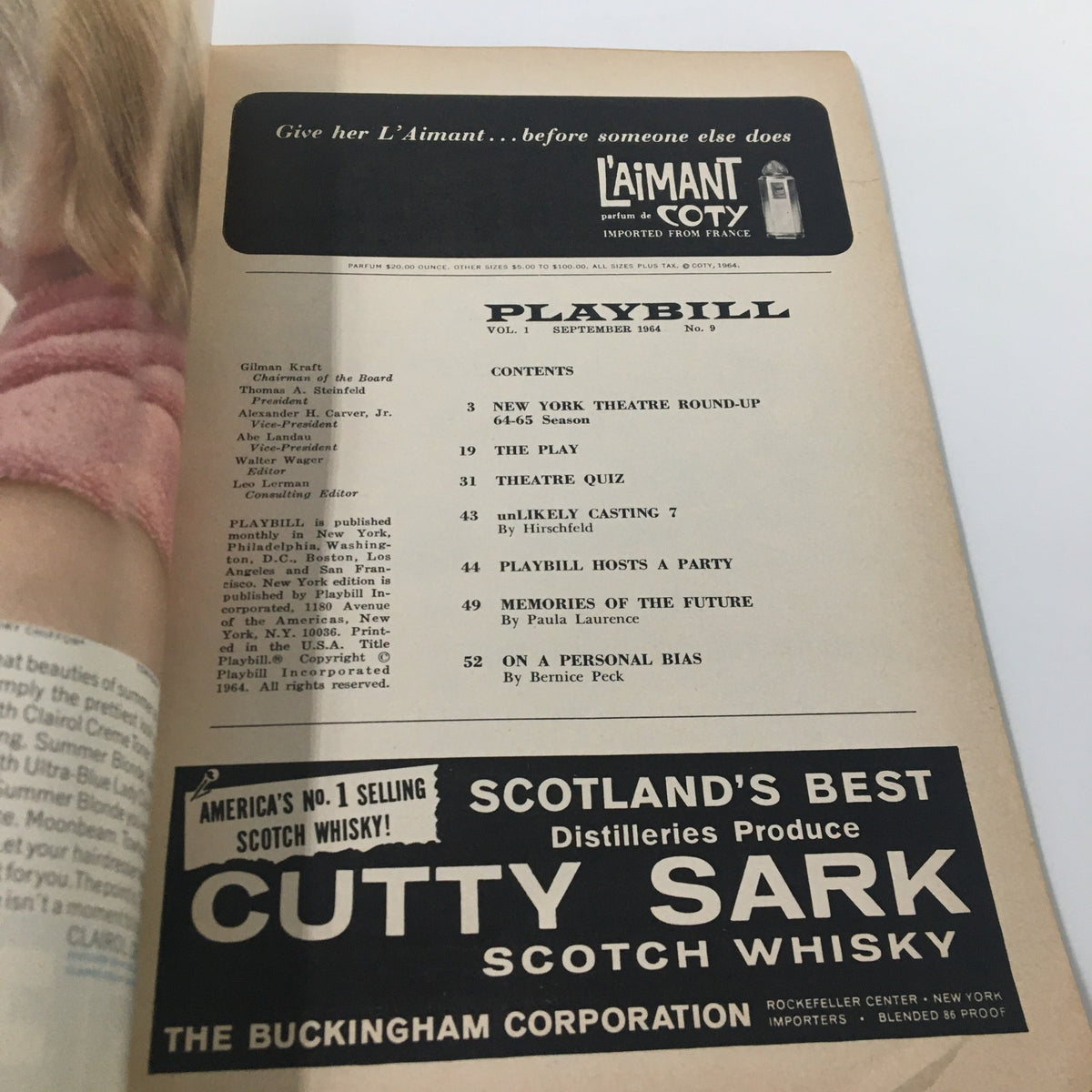 Interior page of the 1964 Playbill for The Deputy at Brooks Atkinson Theatre, featuring theater round-up, quiz, and advertisements.