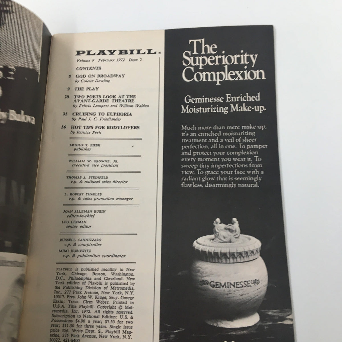 Inside page of the 1972 Playbill for Lenny, showcasing contents including articles and advertisements from that era.