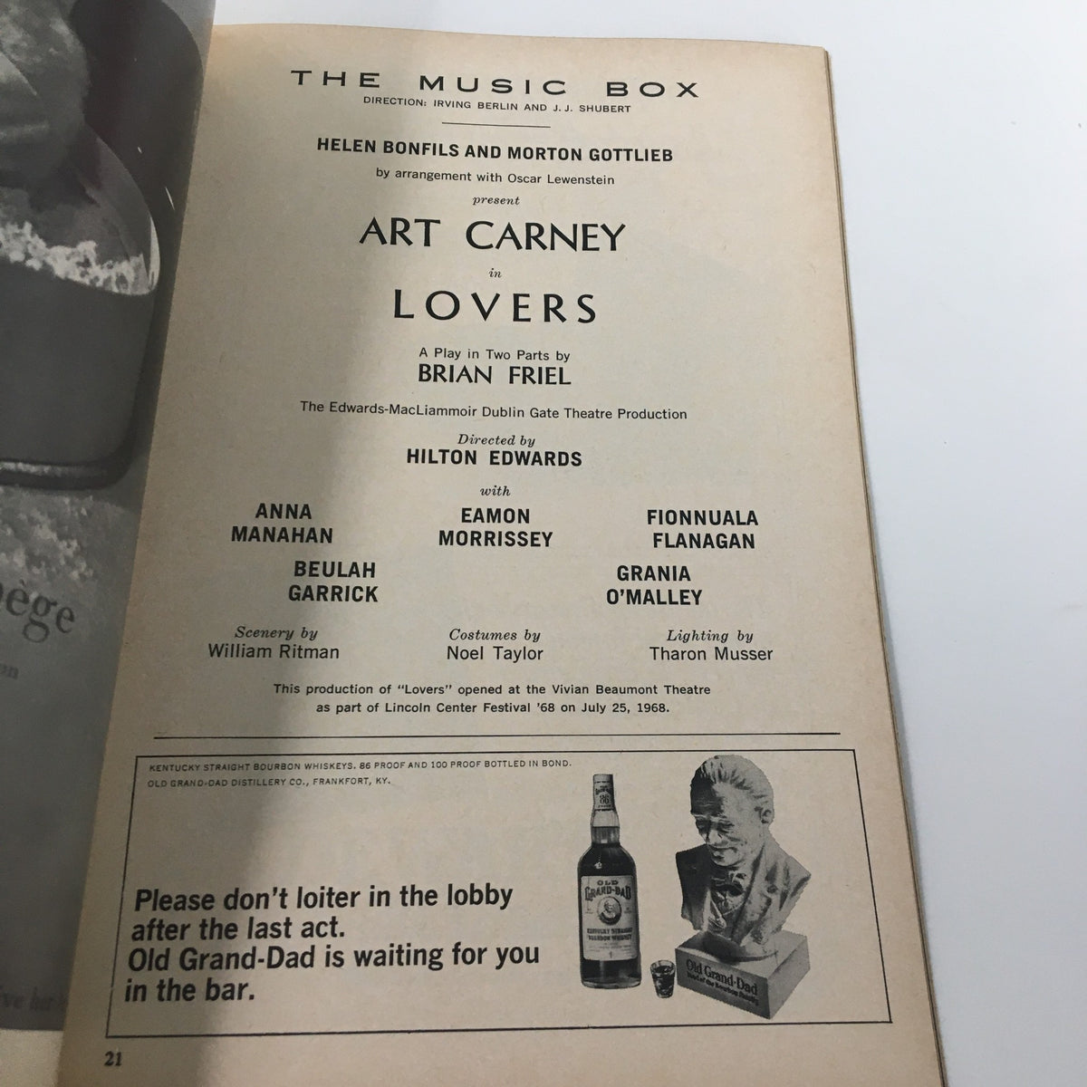 The cast page of the 1968 Playbill The Music Box for Lovers by Brian Friel, highlighting Art Carney and other performers, providing insights into the show.