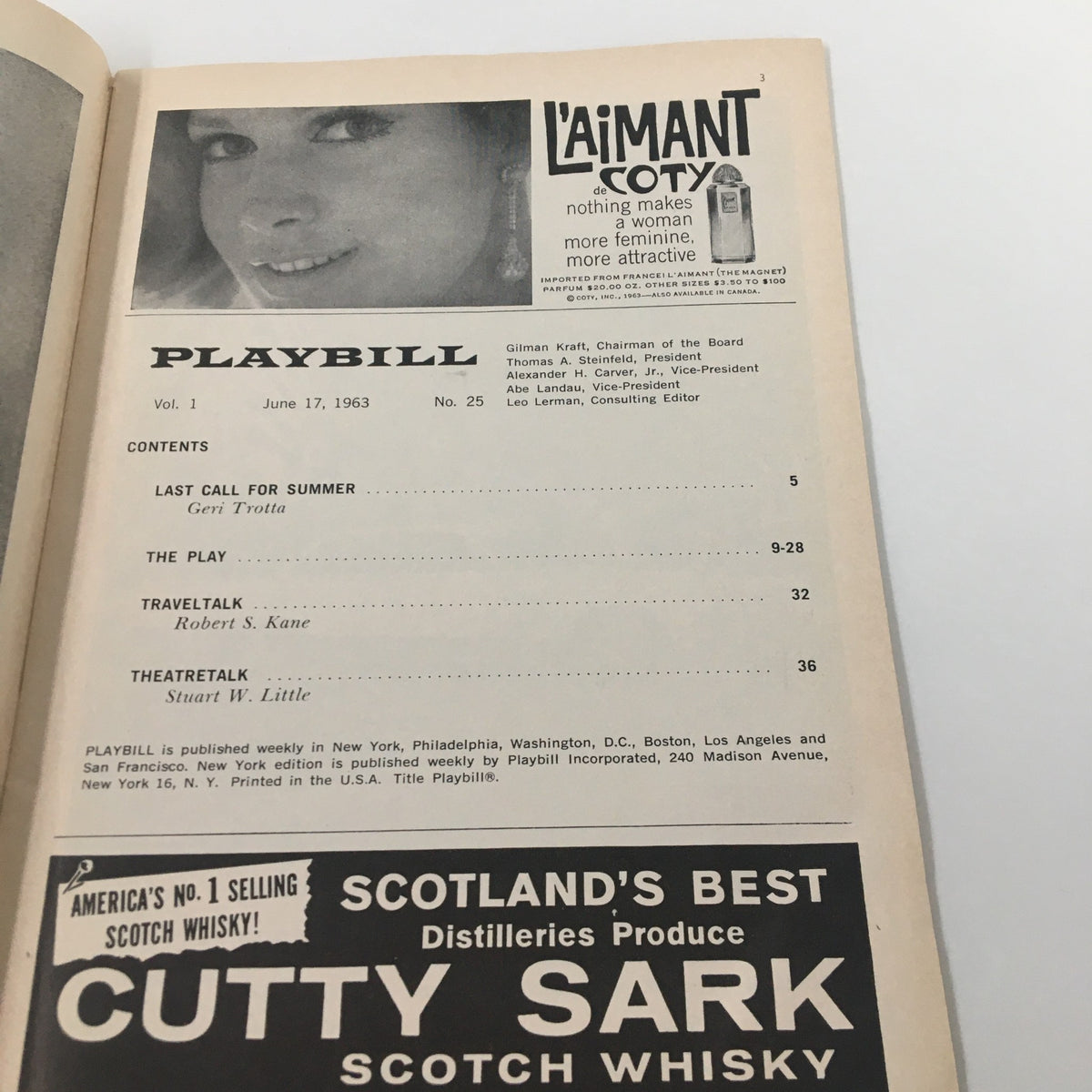 Inside page of the 1963 Playbill for 'The King and I', including contents and an advertisement for Coty perfume.