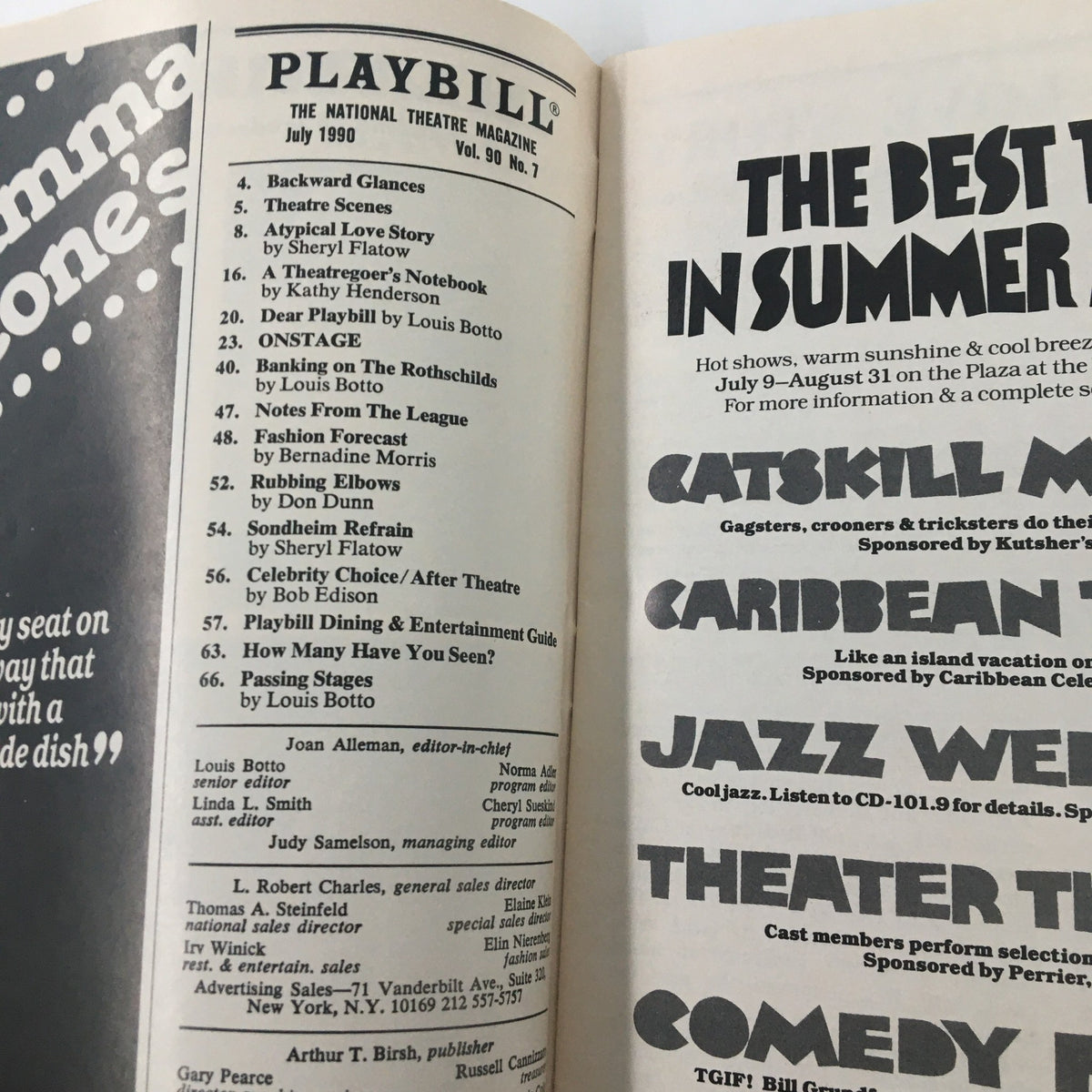 Inside view of the 1990 Playbill for Six Degrees of Separation showcasing advertisements and features from the National Theatre Magazine.
