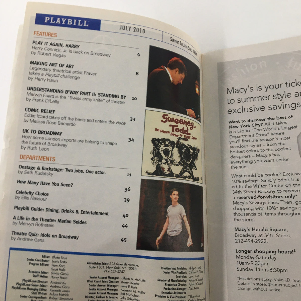 Inside page of the July 2010 Playbill, including various articles and features related to Broadway performances.