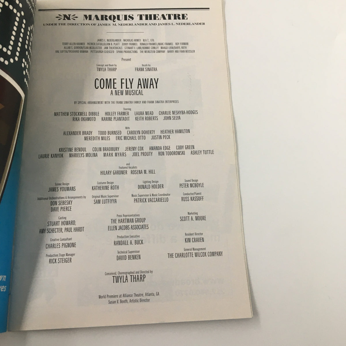 Back page of the 2010 Playbill for Come Fly Away, showcasing the cast and creative team at the Marquis Theatre.