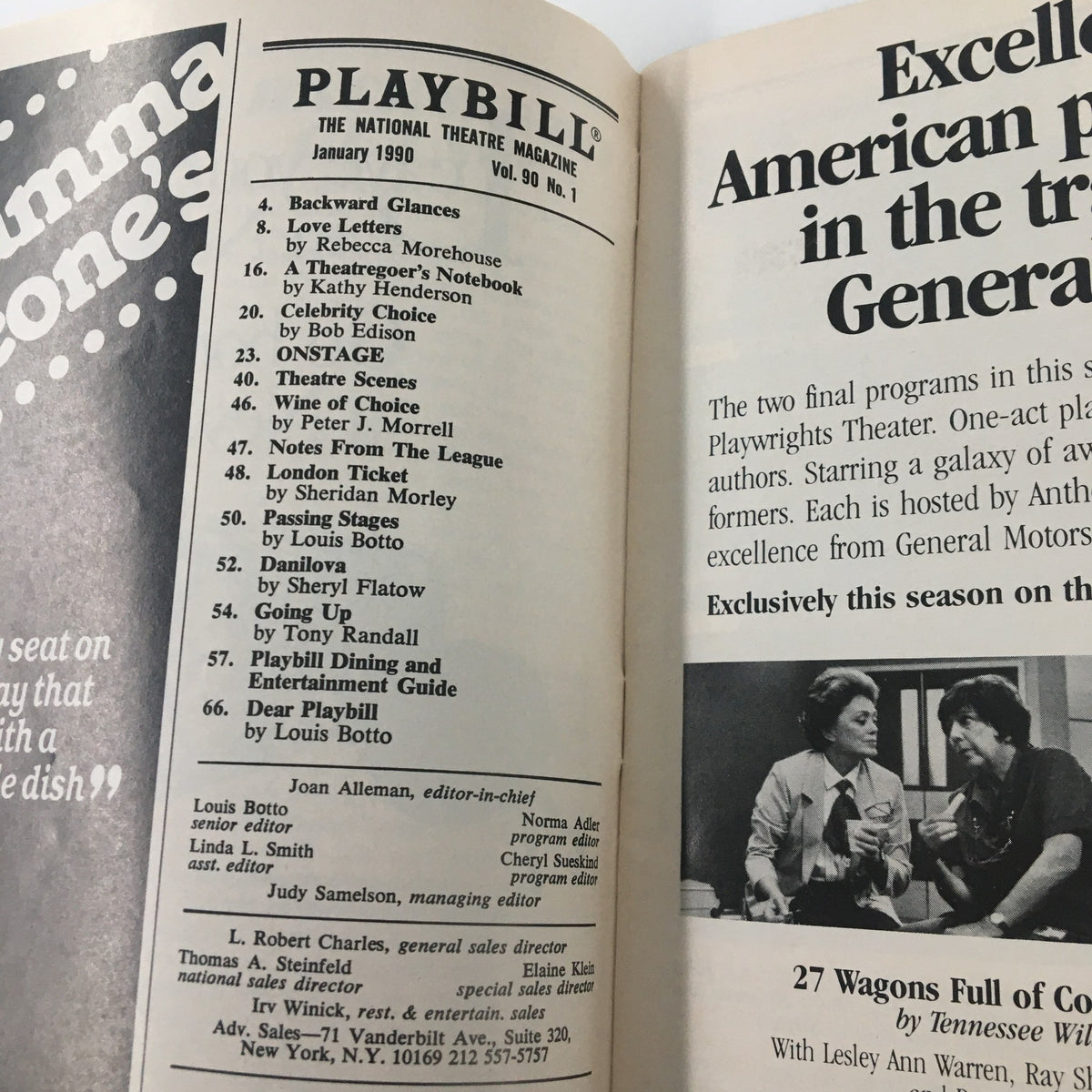 Inside page of the January 1990 Playbill featuring listings and credits from The National Theatre magazine.