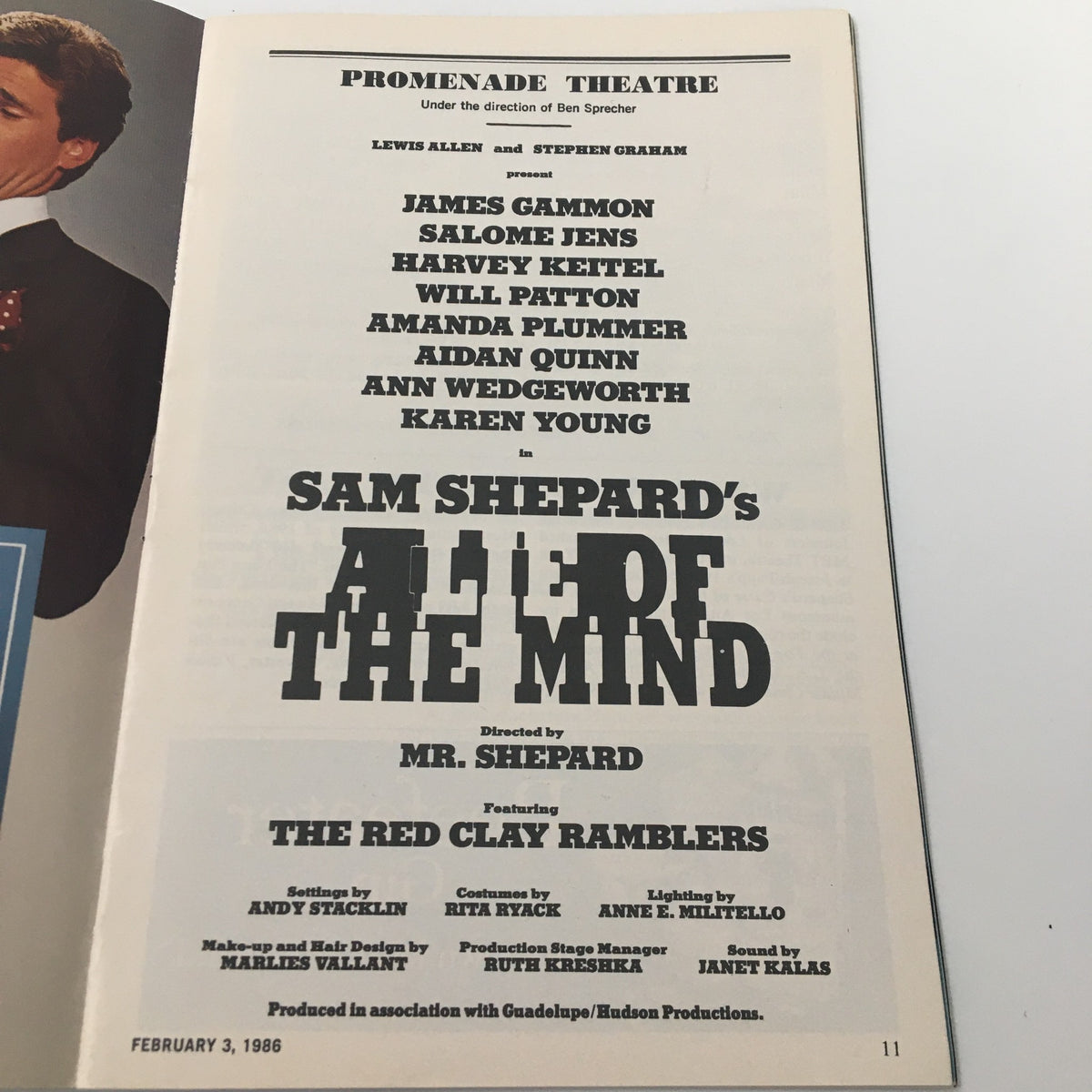 Playbill from the 1986 Promenade Theatre production of A Lie of The Mind, featuring cast details including James Gammon and Salome Jens, directed by Sam Shepard.