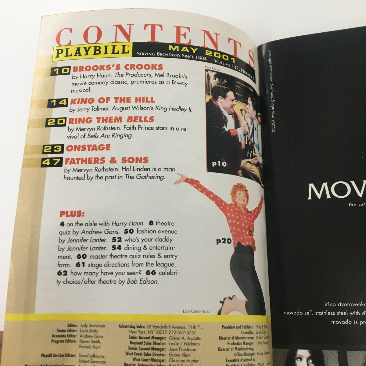 Contents page of the 2001 Playbill from Golden Theatre for 'Stones in His Pockets', listing featured articles and productions.