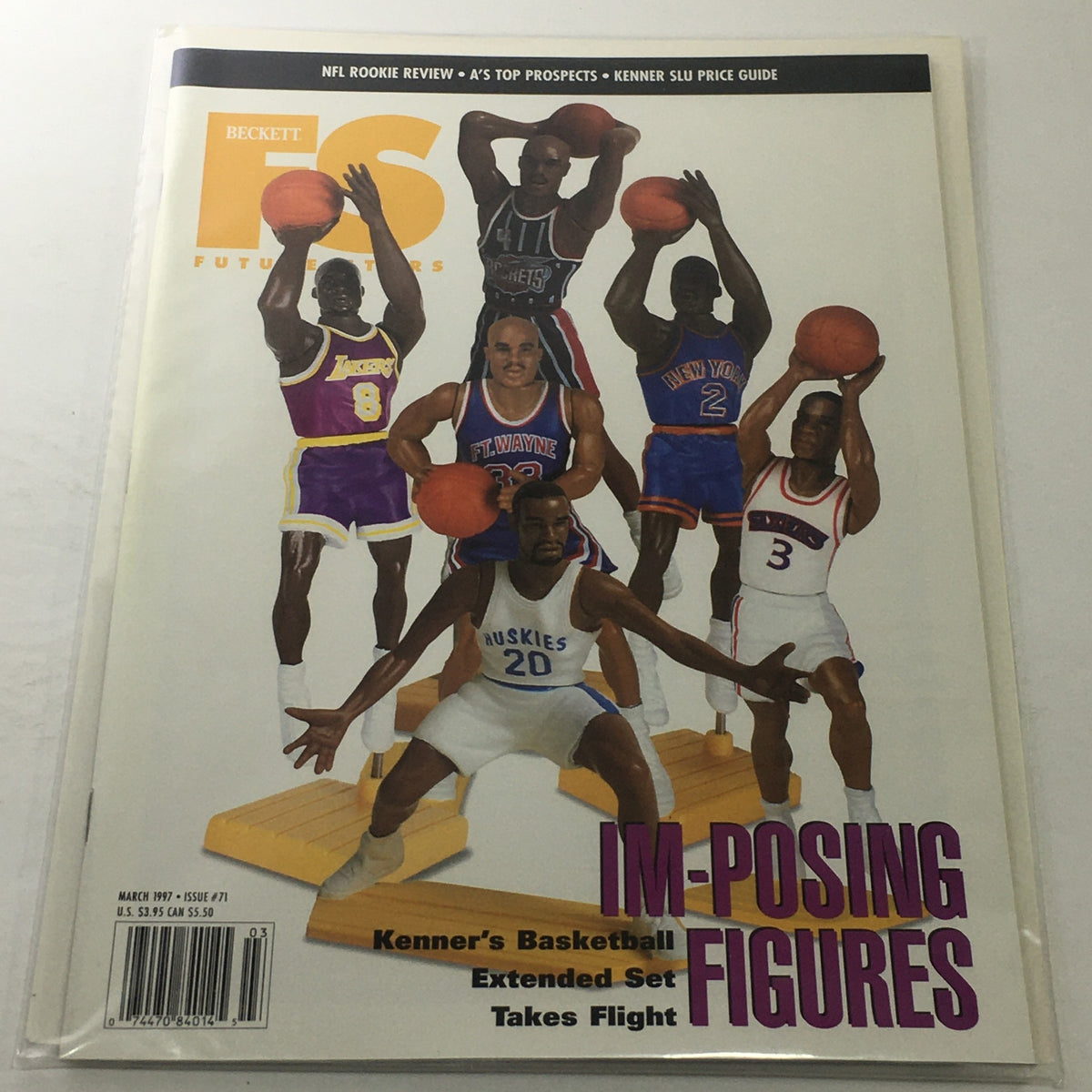 Cover of Beckett Future Stars: March 1997 Issue #71 - Im-Posing Figures Basketball featuring basketball player figures in action poses, showcasing Kenner's basketball extended set. Ideal for collectors and fans of vintage sports memorabilia.