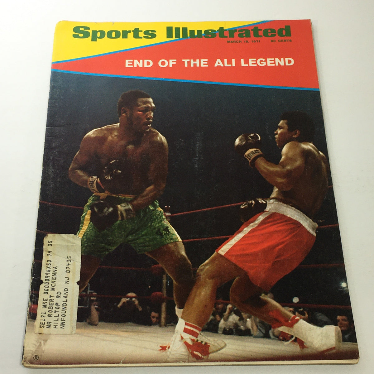 Sports Illustrated issue from March 15, 1971, featuring the title 'End Of The Ali Legend'. The cover showcases a moment from a boxing match with two fighters, highlighting a significant event in sports history related to Muhammad Ali.