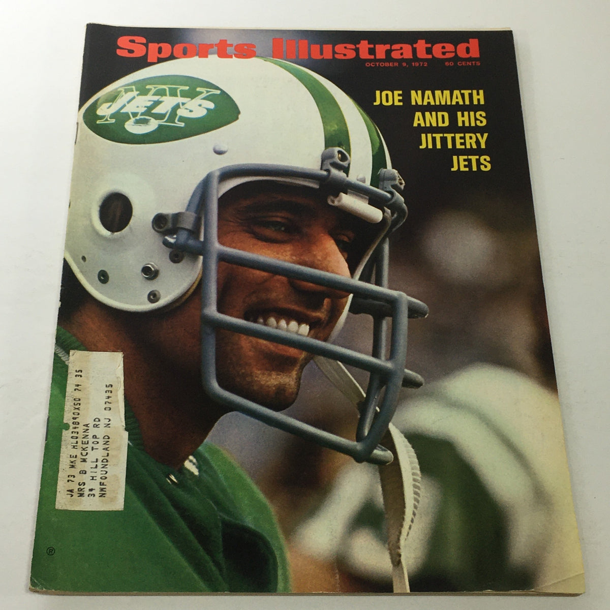 Cover of Sports Illustrated dated October 19, 1972, featuring Joe Namath smiling while wearing a New York Jets helmet, showcasing his charisma and the excitement of NFL football during that era.