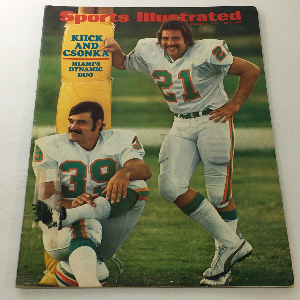 Sports Illustrated magazine cover from August 7, 1972, featuring Miami's dynamic duo Kiick and Csonka, showcasing the two football players in their Miami Dolphins uniforms, highlighting their iconic partnership.