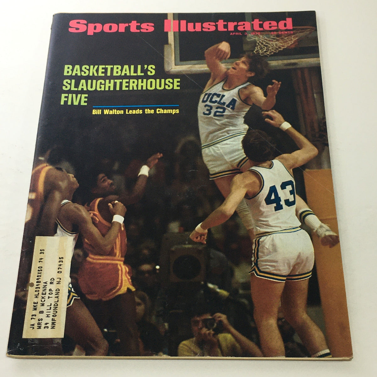 Cover of Sports Illustrated magazine from April 3, 1972, featuring Bill Walton leading the champions, highlighting basketball's Slaughterhouse Five, with dynamic action from a game scene.