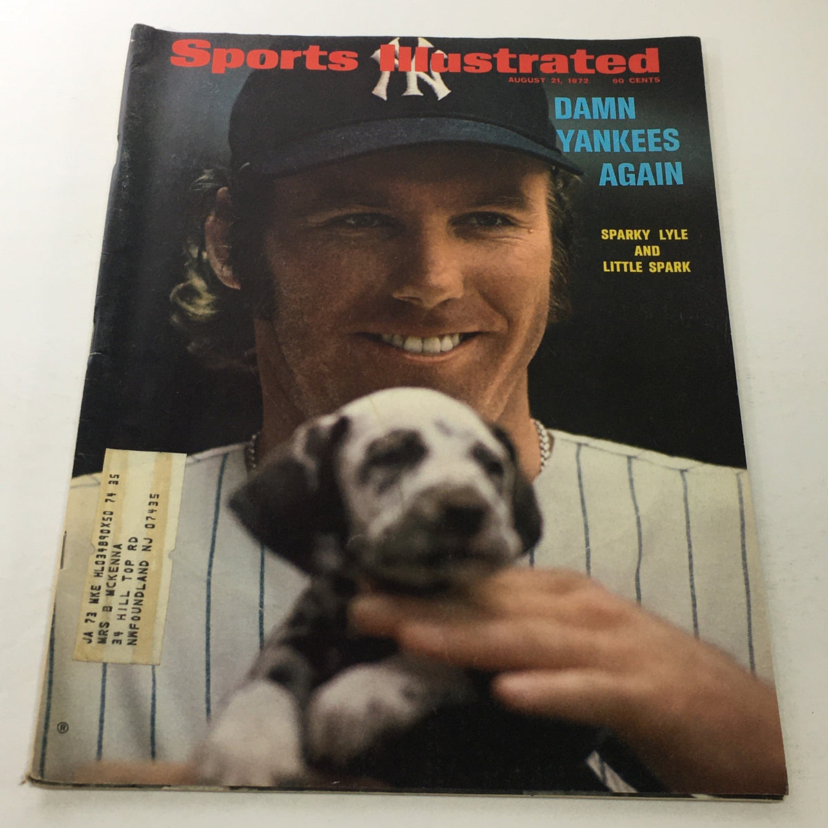 Vintage Sports Illustrated magazine cover from August 21, 1972, featuring Sparky Lyle and a puppy; titled 'Damn Yankees Again.' This iconic issue captures the essence of baseball history and Lyle's performance with the New York Yankees.