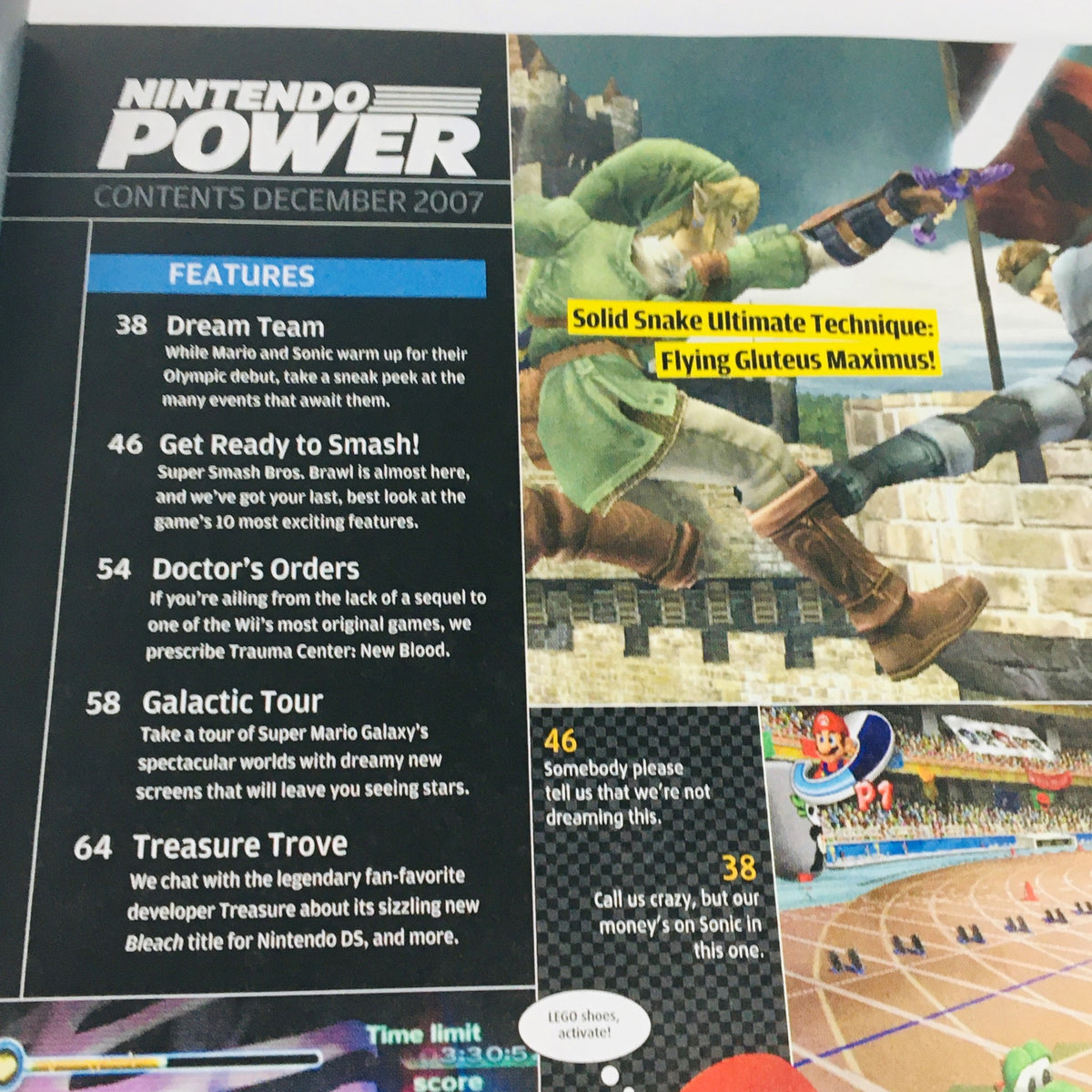 Table of contents from Nintendo Power Magazine December 2007, outlining articles and features on popular games like Super Mario Galaxy and Super Smash Bros.
