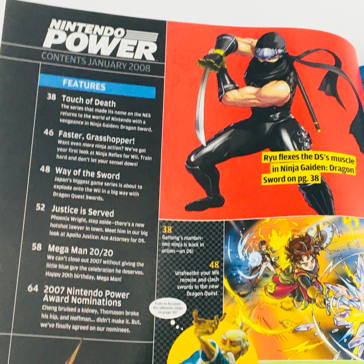Nintendo Power Magazine January 2008 - Contents page featuring Ninja Gaiden Dragon Sword and Ryu character artwork, highlighting key articles from the issue.