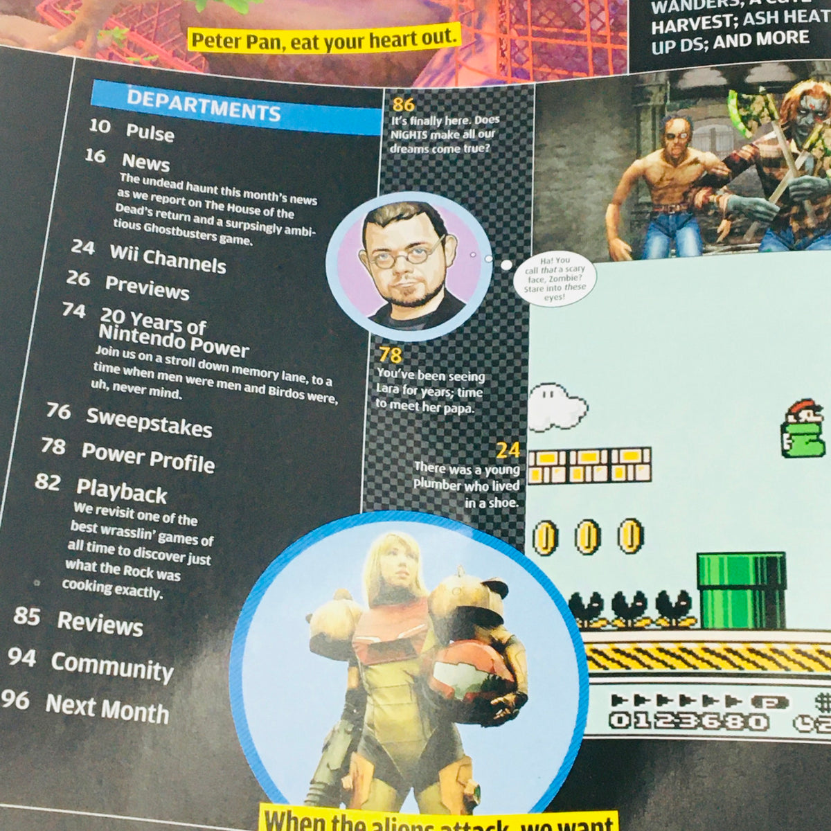 Nintendo Power Magazine January 2008 - Page showcasing Nintendo Power's 20-year anniversary features, with visuals of popular games and nostalgic gaming references.