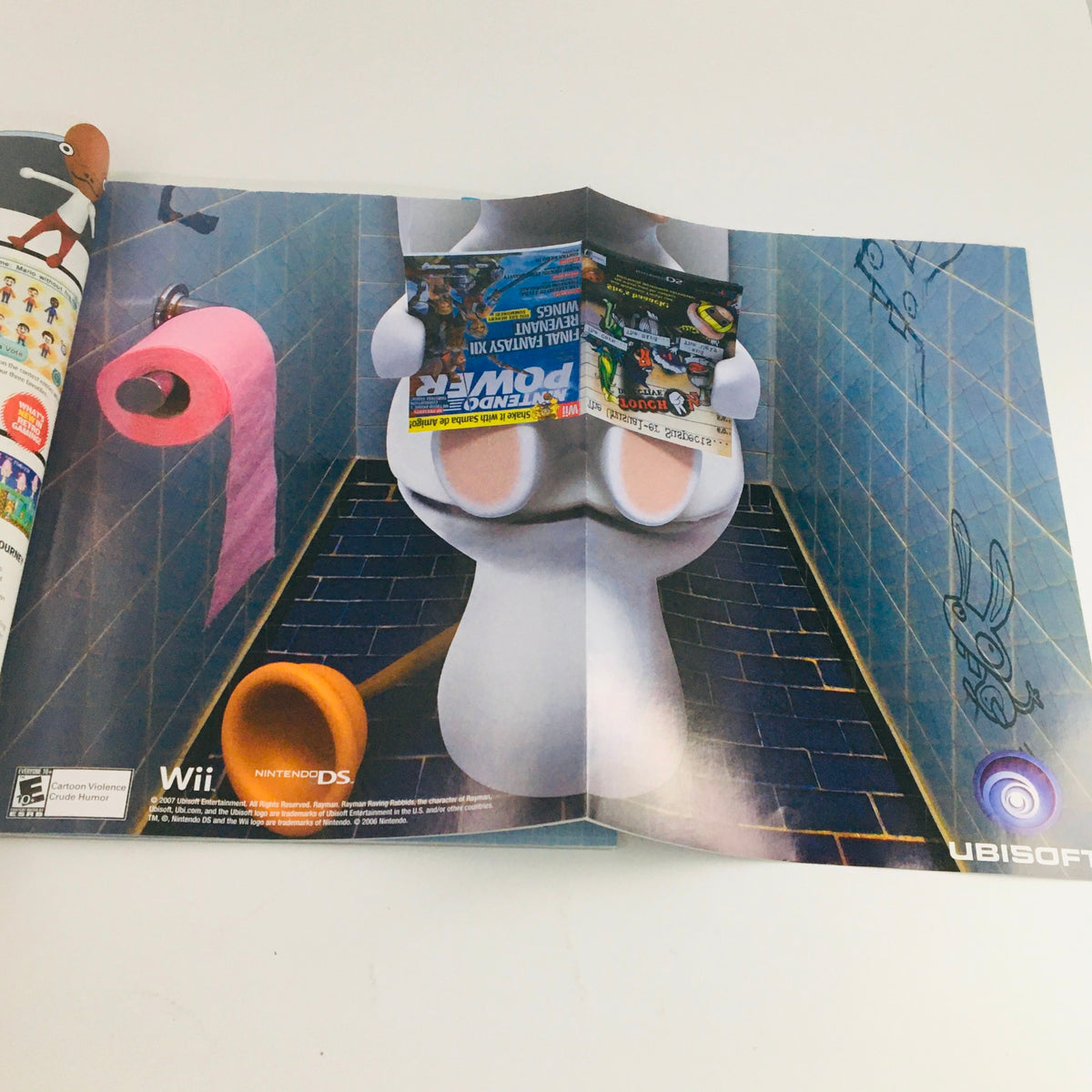 Nintendo Power Magazine January 2008 - Advertisement for Rayman Raving Rabbids 2, showing the quirky rabbit character in a whimsical bathroom scene.