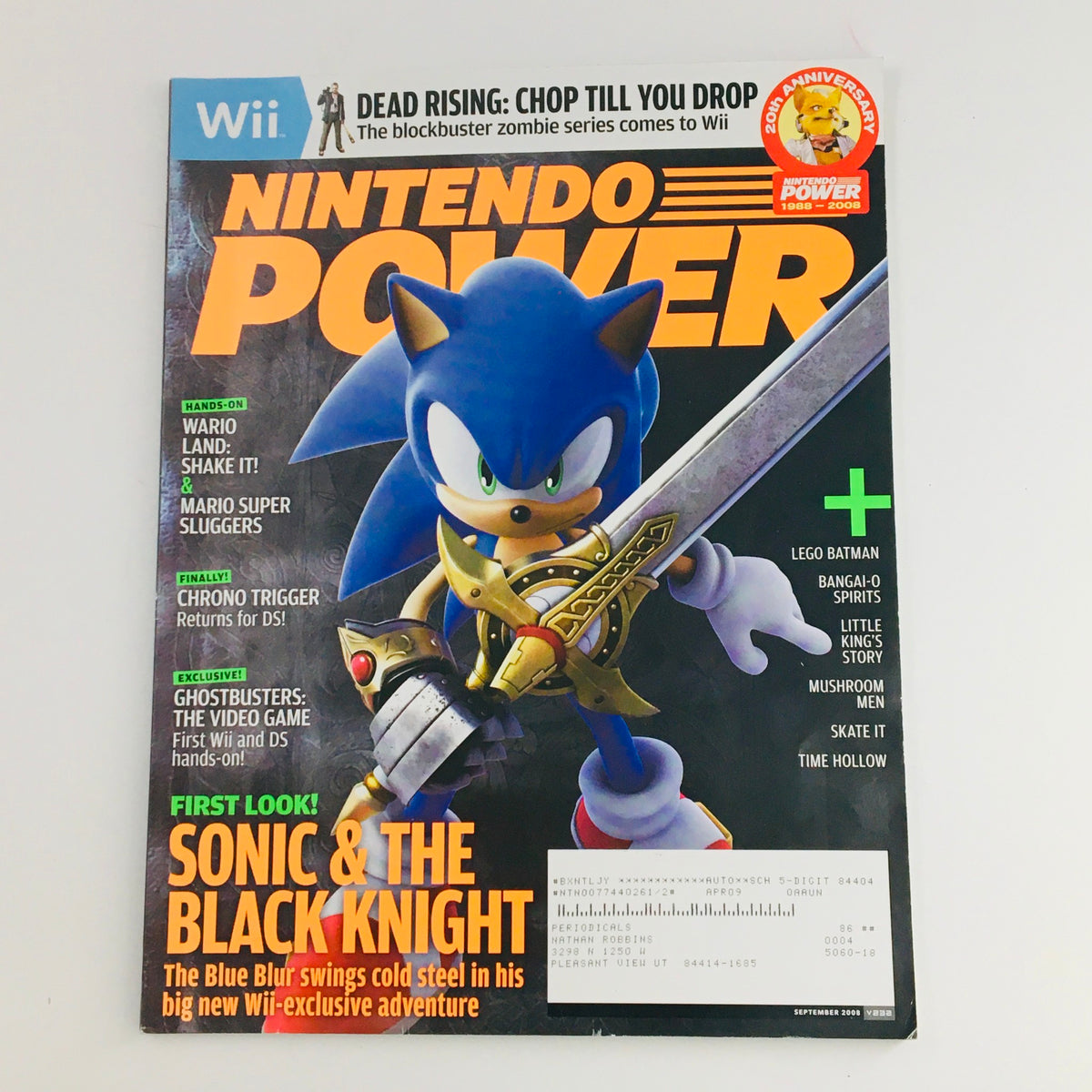 Cover of Nintendo Power Magazine September 2008 featuring Sonic from Sonic & The Black Knight, highlighting game previews and features.