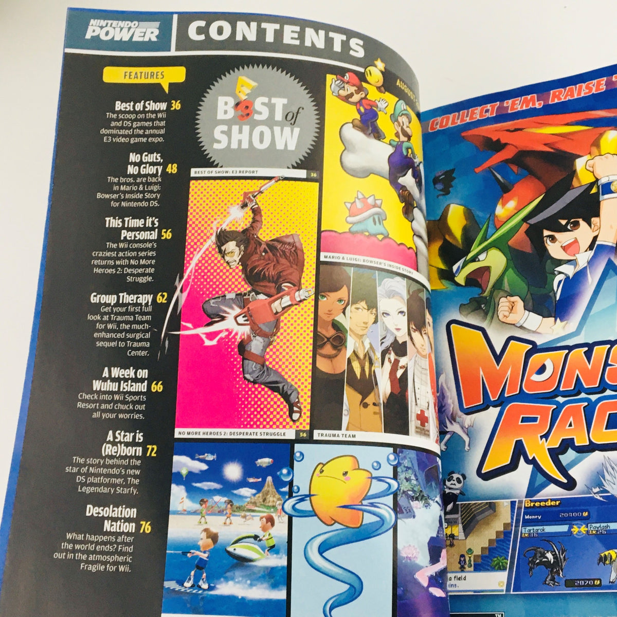 Inside page of Nintendo Power Magazine August 2009, showcasing the contents section with game highlights including Mario & Luigi: Bowser's Inside Story and Monster Racing.