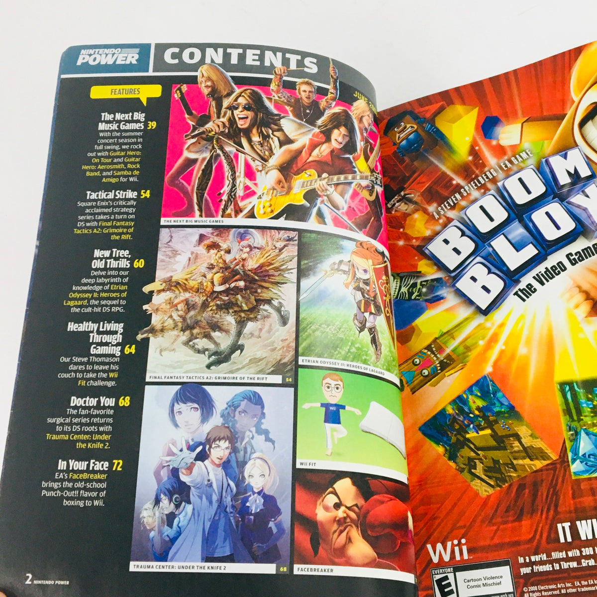 Contents page of Nintendo Power Magazine June 2008 edition, listing featured articles on music games, health living guide, and more for Wii.