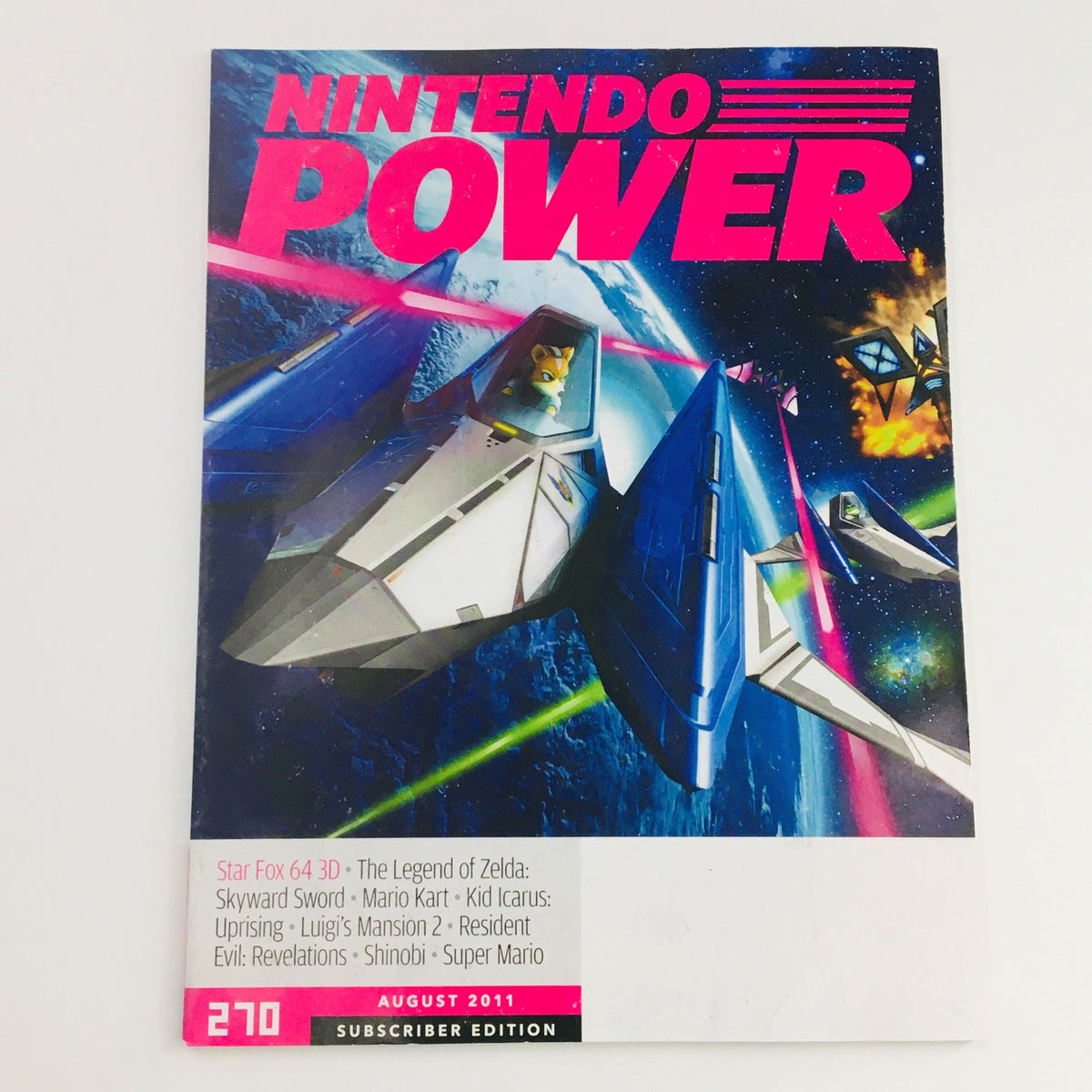 Nintendo Power Magazine August 2011 featuring Star Fox 64 3D and Mario Kart on the cover, showcasing vibrant graphics and gaming nostalgia, perfect for collectors.