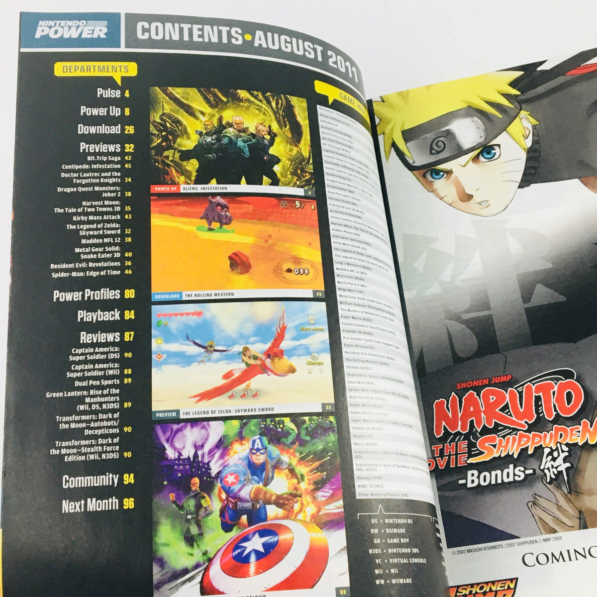 Contents page of Nintendo Power Magazine August 2011 featuring Star Fox 64 3D and Mario Kart, alongside other gaming previews and articles.