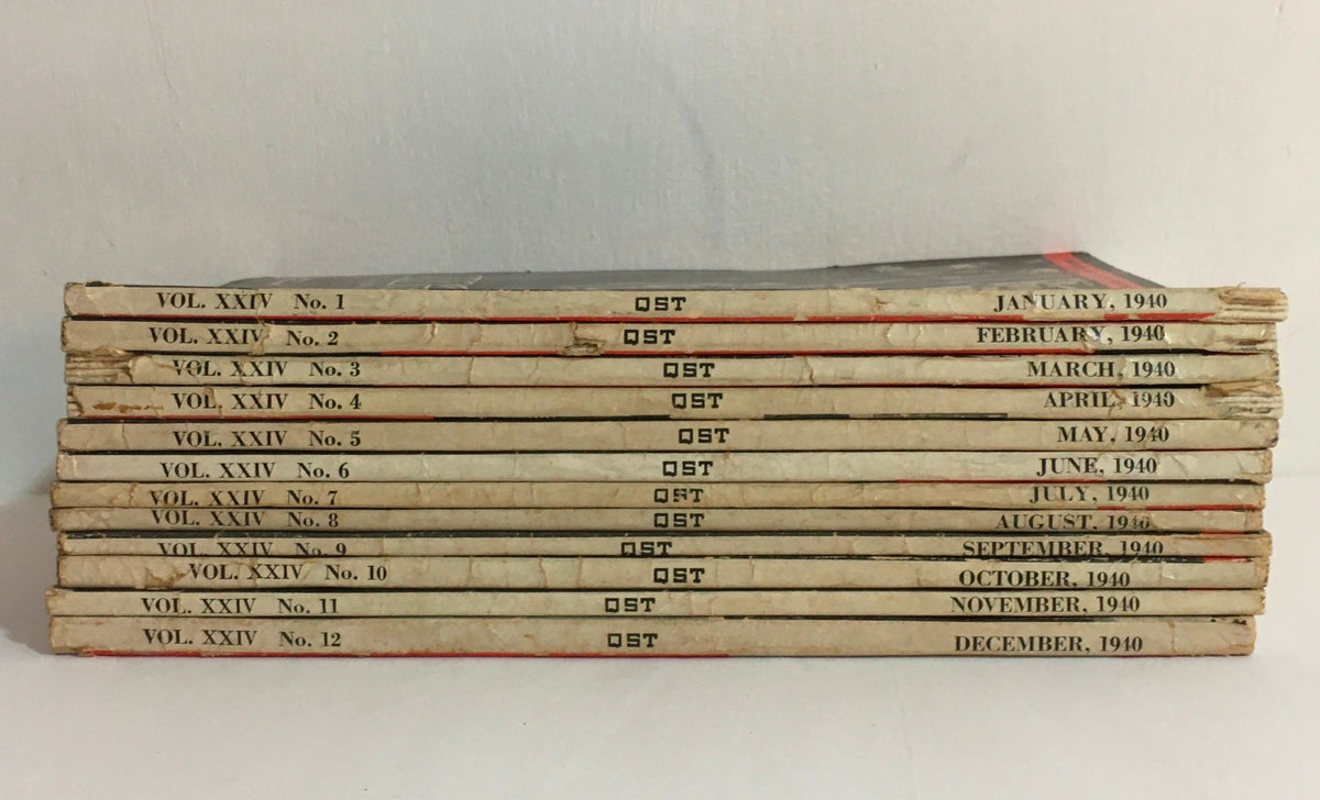 Stack of 12 QST Amateur Radio magazines from 1940, highlighting the monthly volumes from January to December.