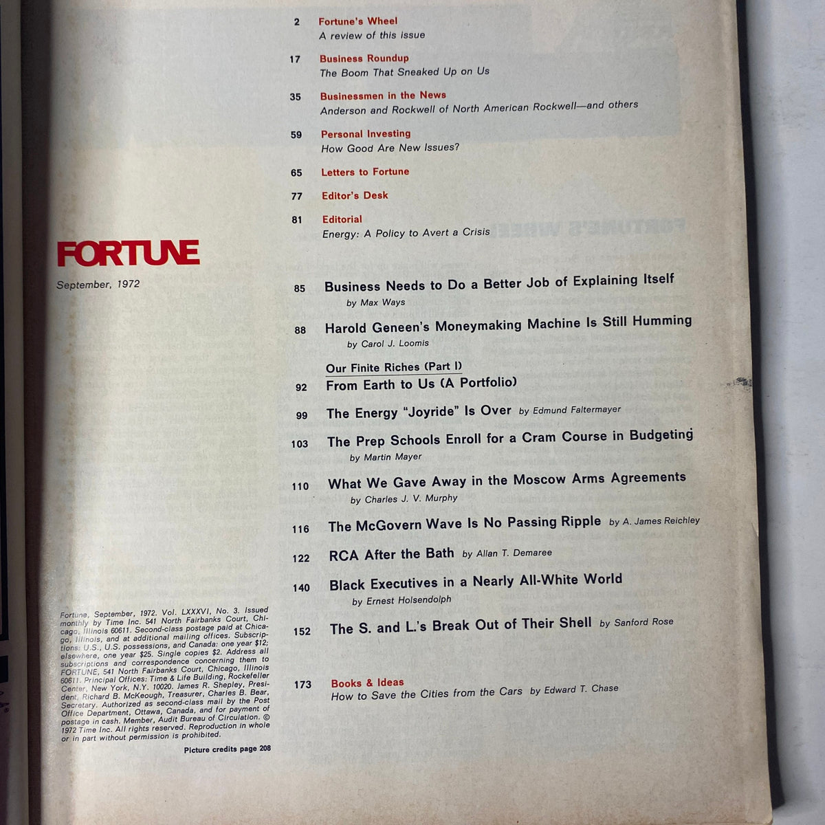 Table of contents for Fortune Magazine September 1972, outlining featured articles including 'Our Finite Riches (Part I)', 'Harold Geneen’s Moneymaking Machine Is Still Humming', and 'The Energy Joyride Is Over'.