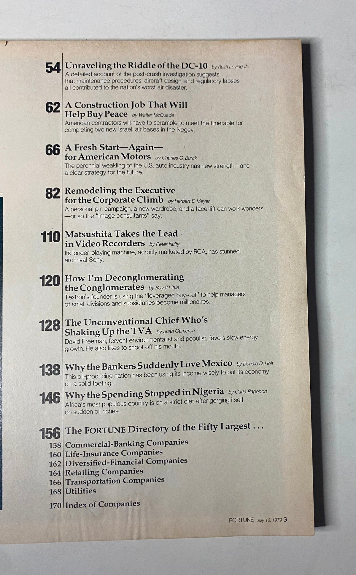 Inside content page from Fortune Magazine, July 16, 1979, displaying article titles including 'Remodeling the Executive for the Corporate Climb' and economic analysis.