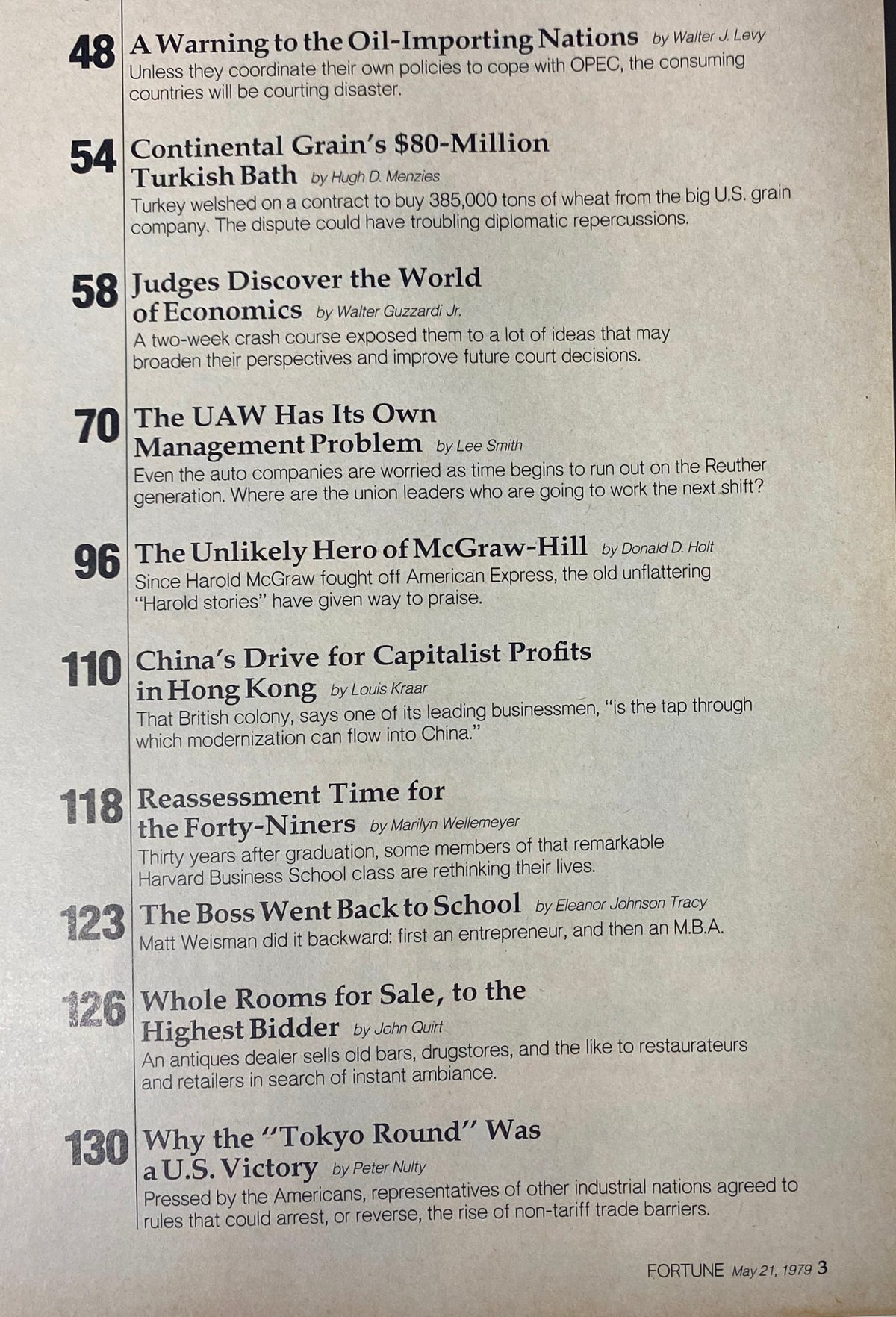 Fortune Magazine May 21, 1979 Table of Contents showcasing articles including 'A Warning to the Oil-Importing Nations' and 'Judges Discover the World of Economics'.
