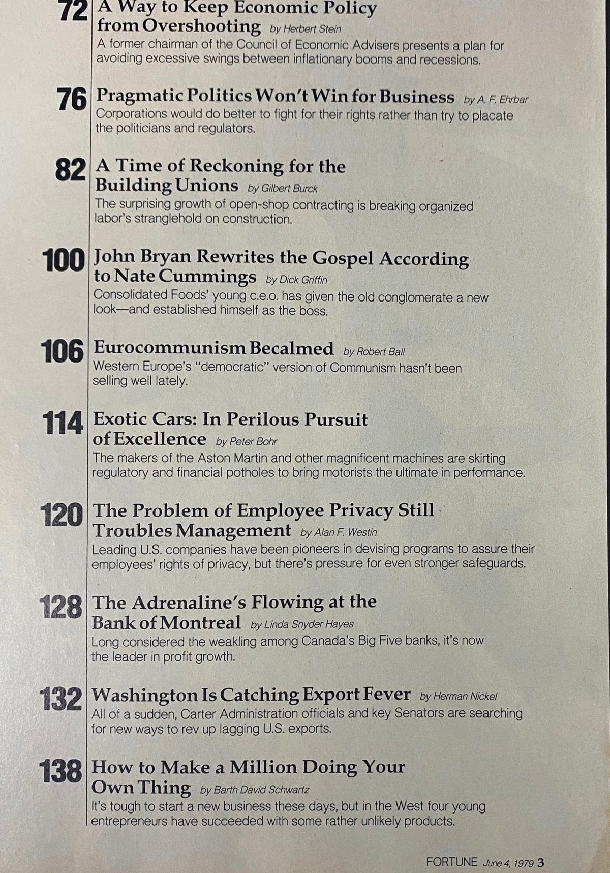 Contents page of Fortune Magazine June 4, 1979, featuring articles on economic policy, building unions, and employee privacy.