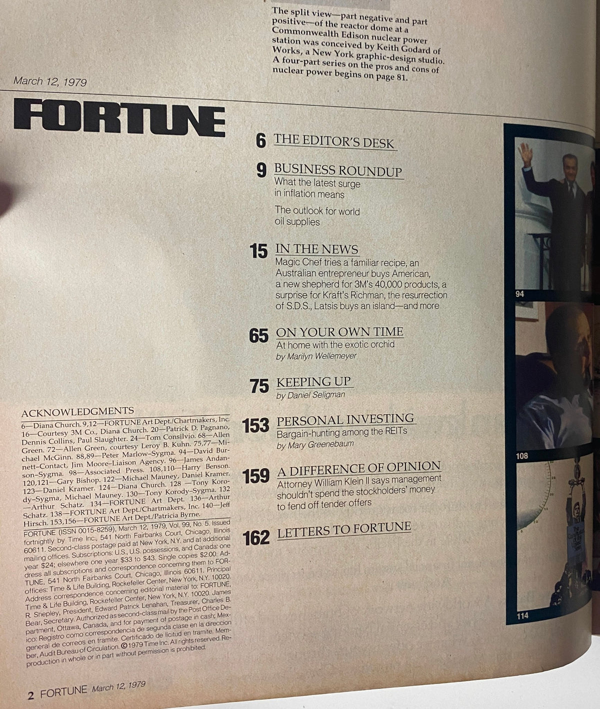Inside page of Fortune Magazine March 12, 1979 showcasing the table of contents, with articles related to business, global oil supply, and nuclear energy.
