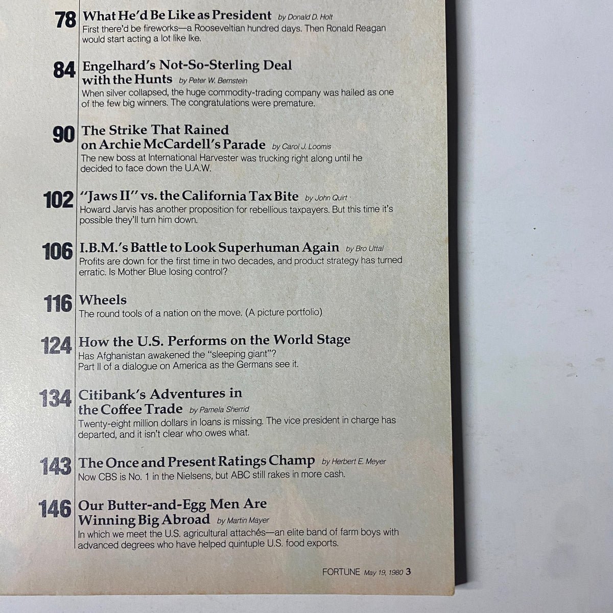 Table of contents from Fortune Magazine May 19, 1980 featuring articles on U.S. economic performance and political insights.