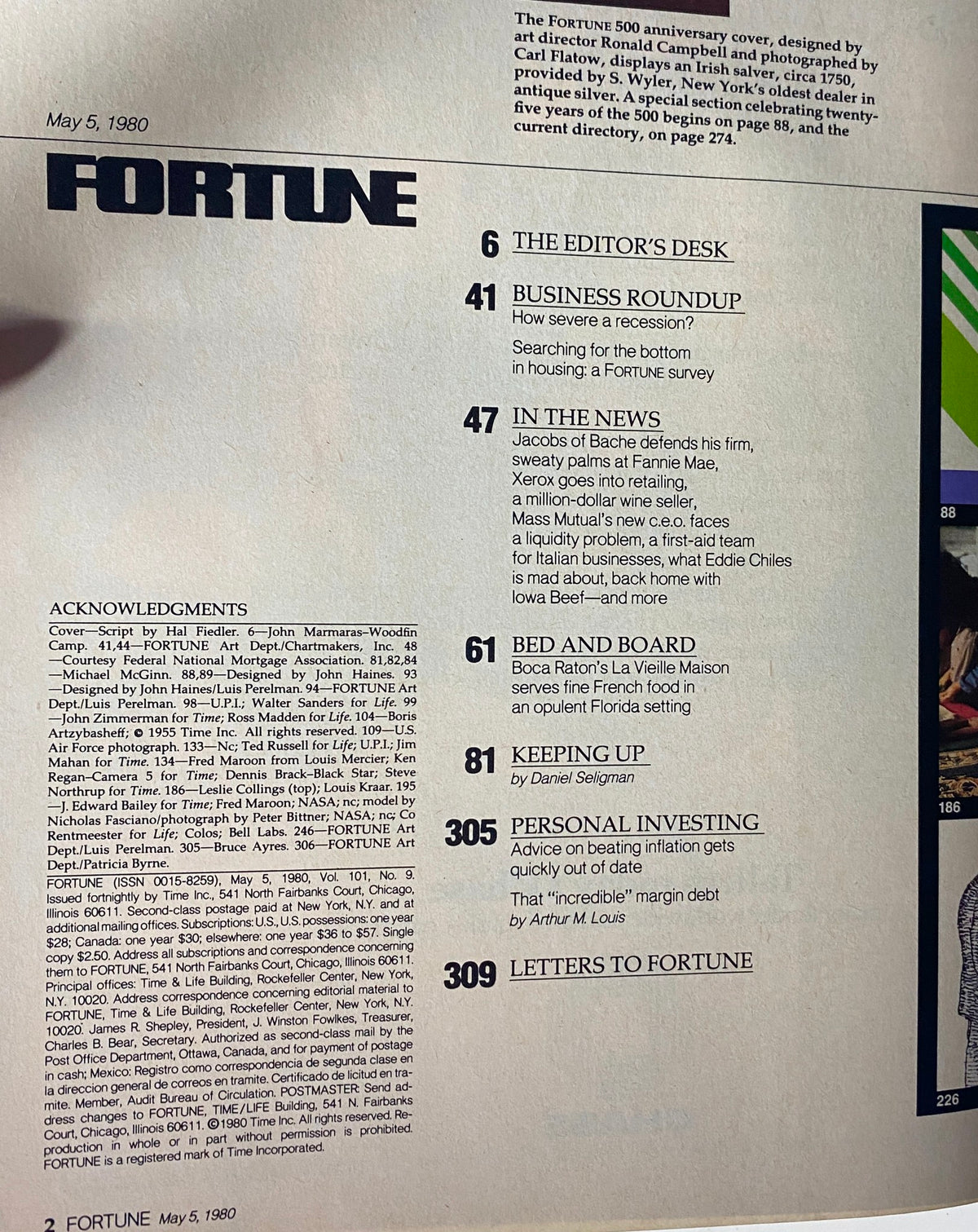 Table of contents from Fortune Magazine May 5, 1980, highlighting key articles including 'Business Roundup' and 'In the News' under the title 'The Largest U.S. Industrial Corporations'.